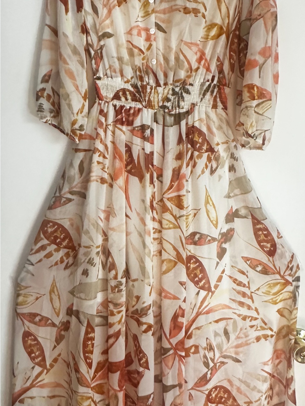 Enfocus Studio Cream Dress with Rust and Gold Leaf Print